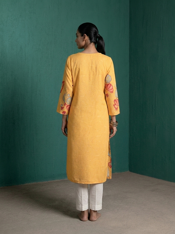 Mustard Rayon Abstract Lotus Wave Printed Kurta
