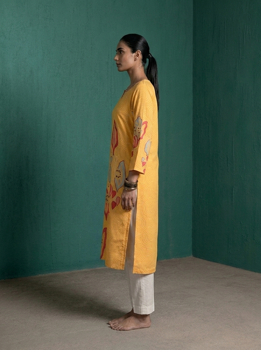 Mustard Rayon Abstract Lotus Wave Printed Kurta