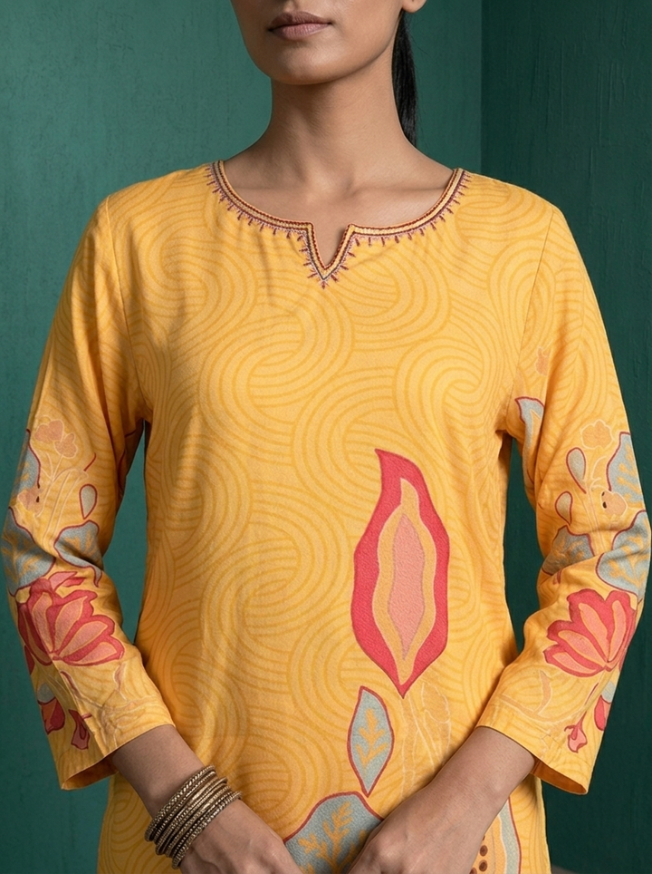 Mustard Rayon Abstract Lotus Wave Printed Kurta