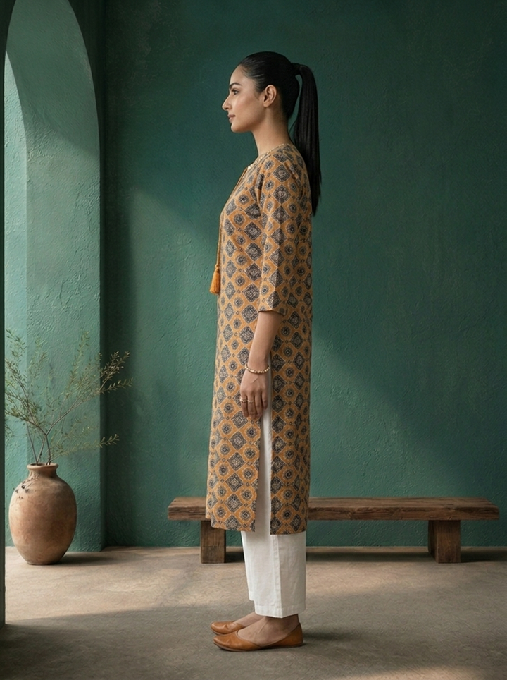 Rust Rayon Ajrakh Geometric Printed Kurta