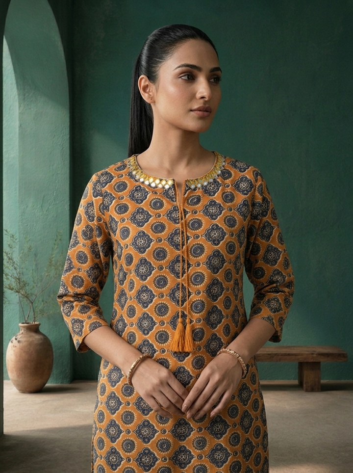 Rust Rayon Ajrakh Geometric Printed Kurta