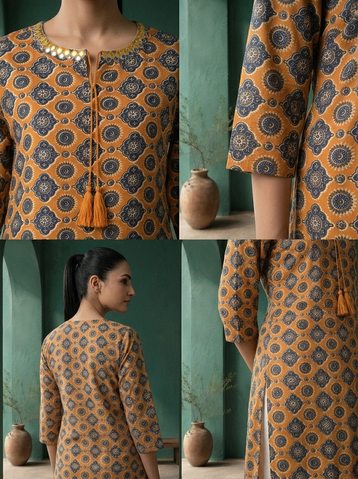 Rust Rayon Ajrakh Geometric Printed Kurta
