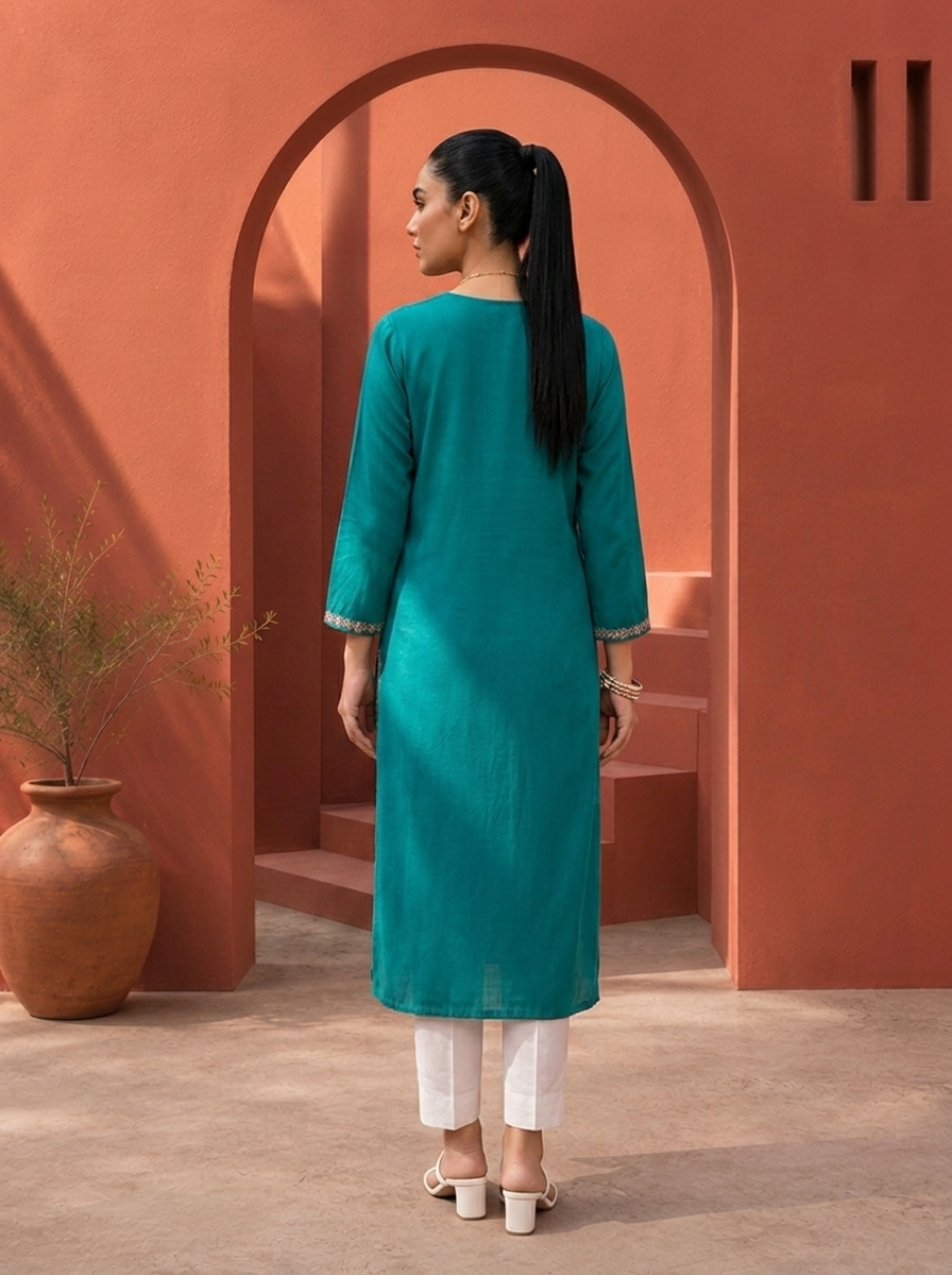 Sea Green Rayon Aari Embroidered Kurta