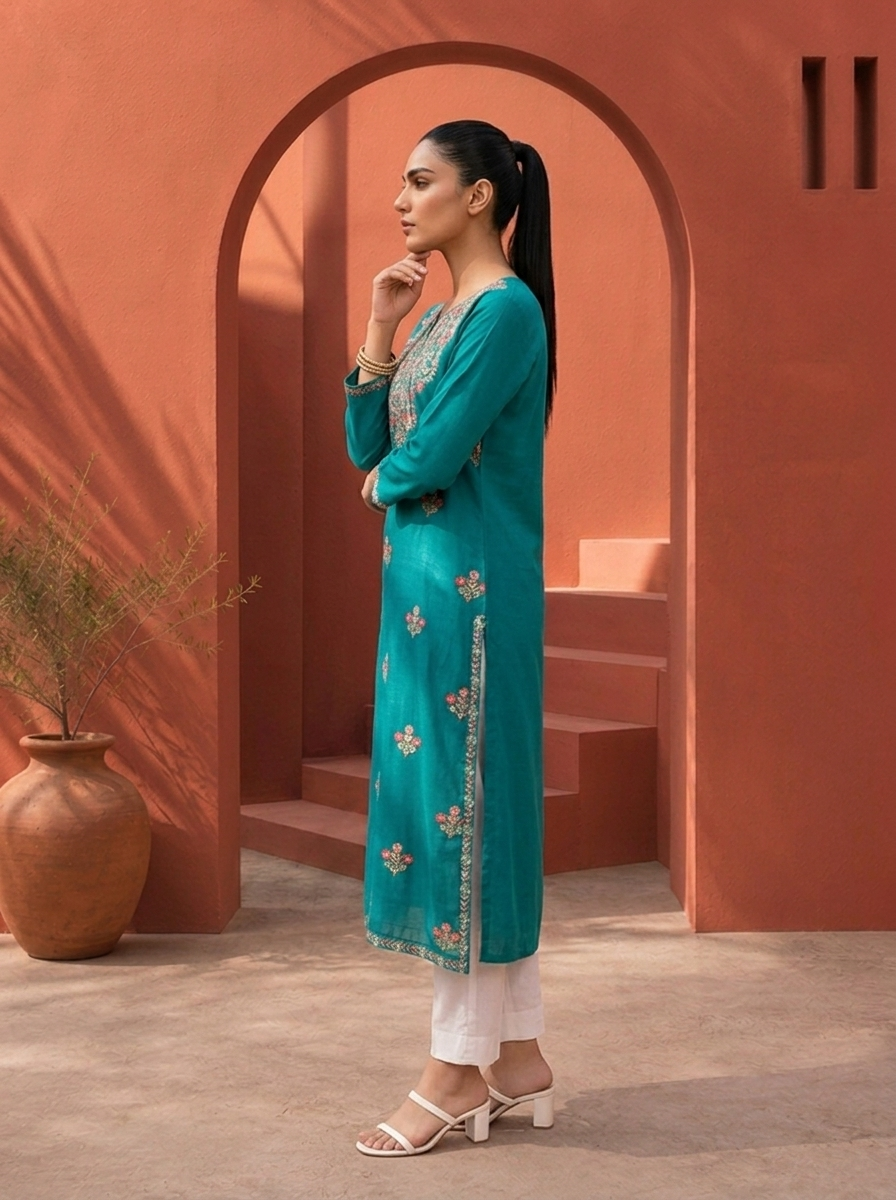 Sea Green Rayon Aari Embroidered Kurta