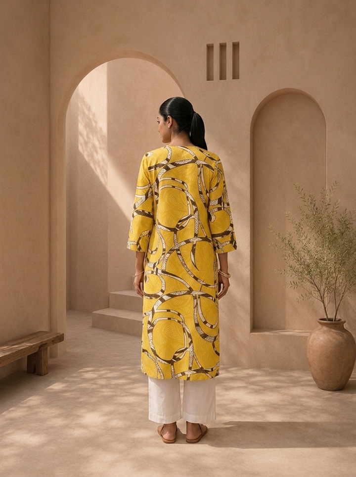 Lemon Rayon Abstract Geometric Printed Kurta