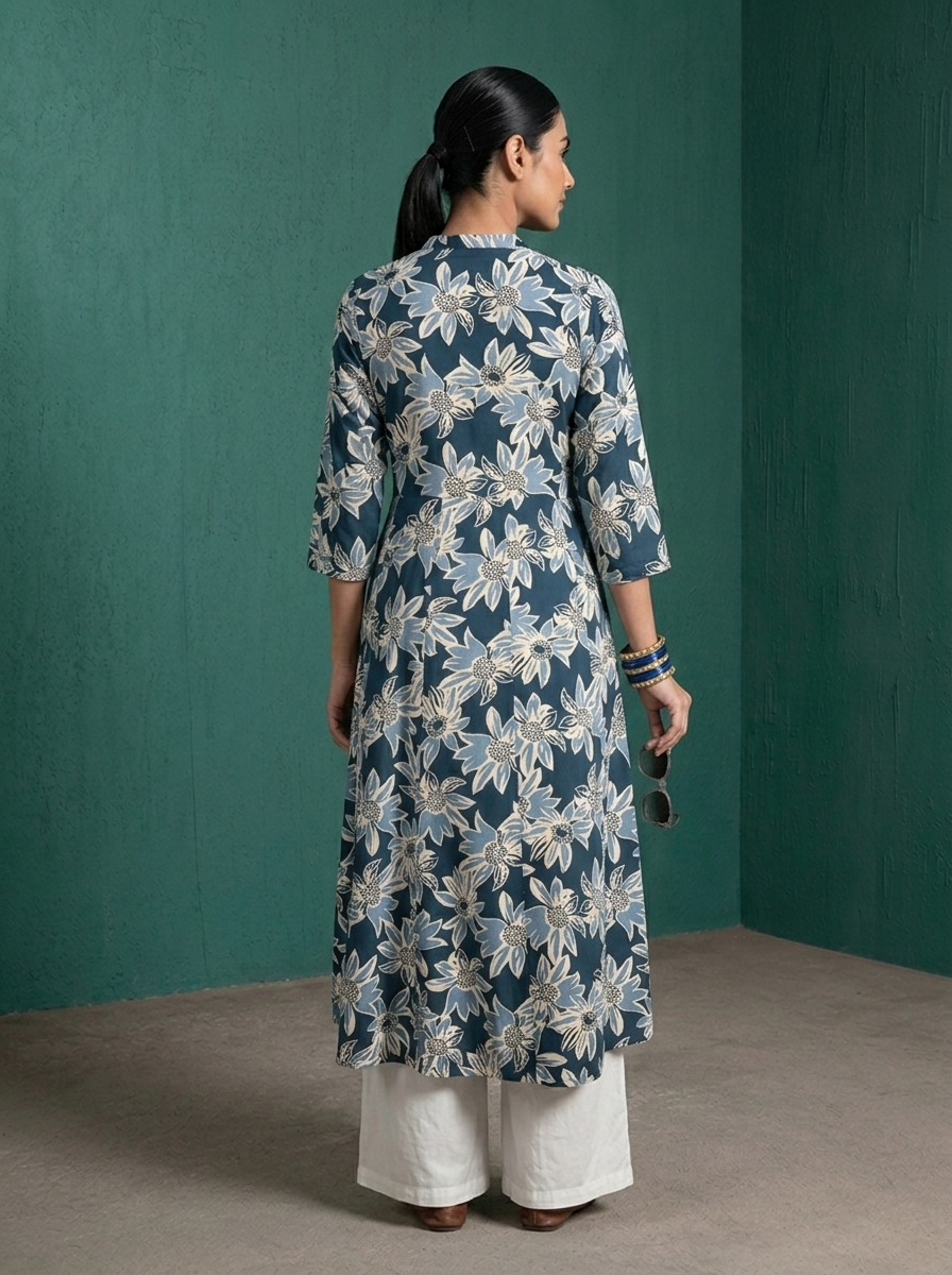 Navy Blue Rayon Large Floral Digital Printed Kurta