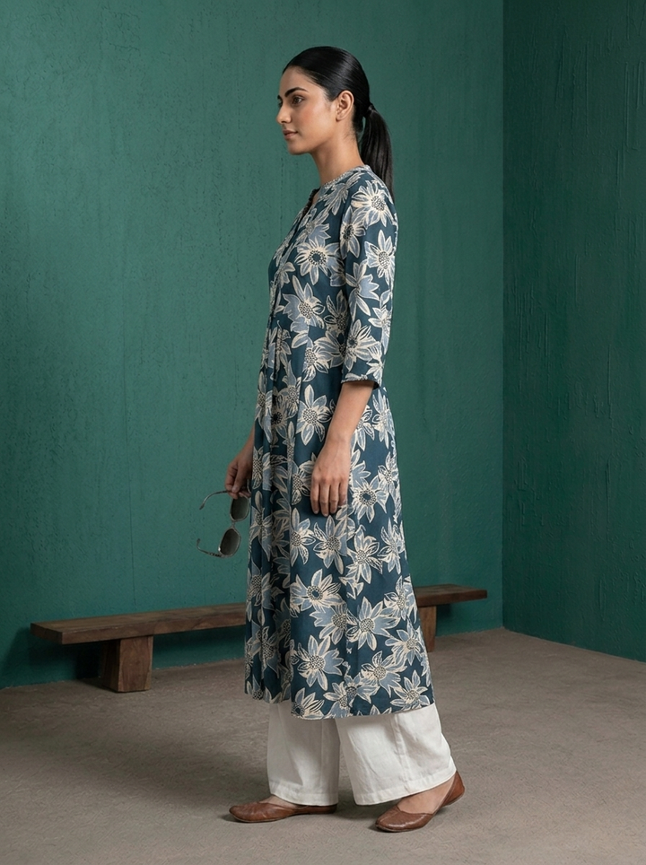 Navy Blue Rayon Large Floral Digital Printed Kurta