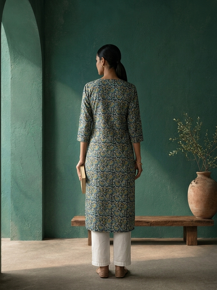 Navy Blue Rayon Jaali Digital Printed Kurta