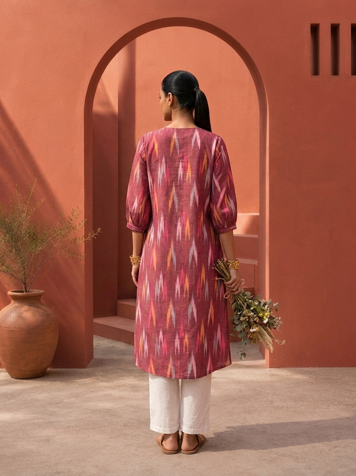 Wine Cotton Ikat Printed Kurta