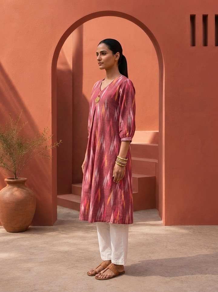 Wine Cotton Ikat Printed Kurta