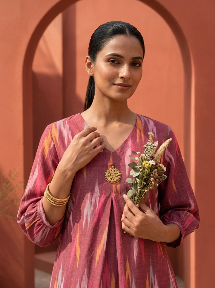Wine Cotton Ikat Printed Kurta