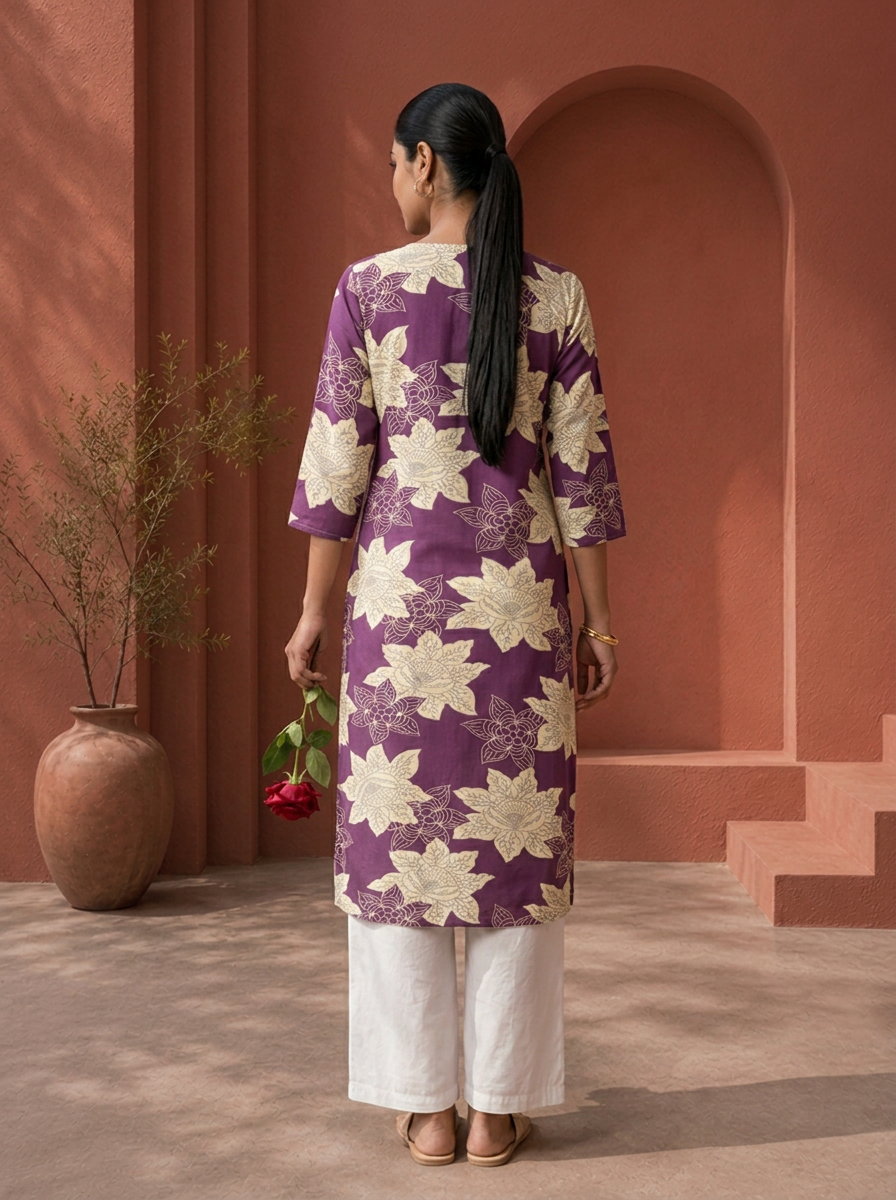 Purple Rayon Lotus Floral Printed Kurta