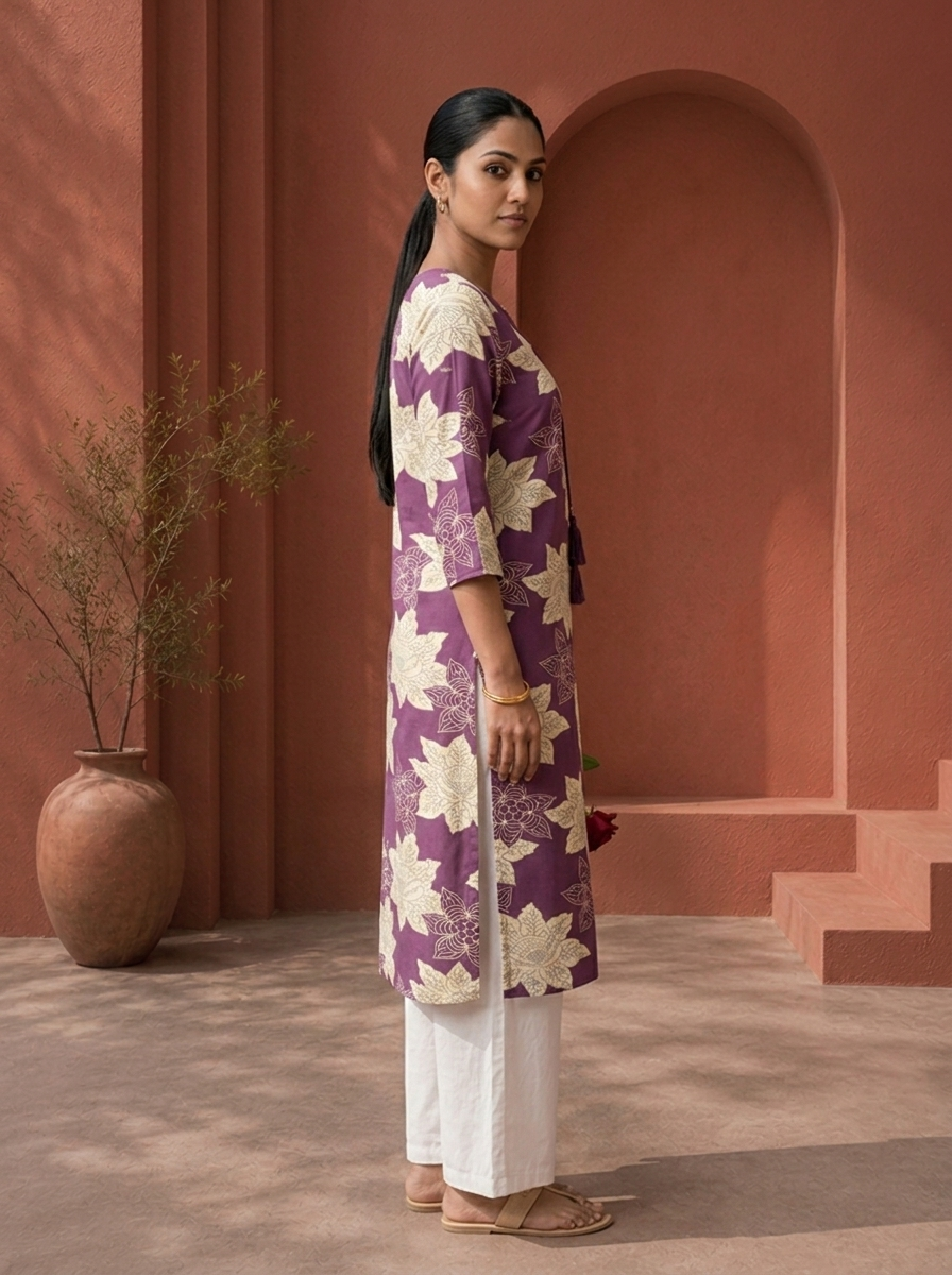 Purple Rayon Lotus Floral Printed Kurta