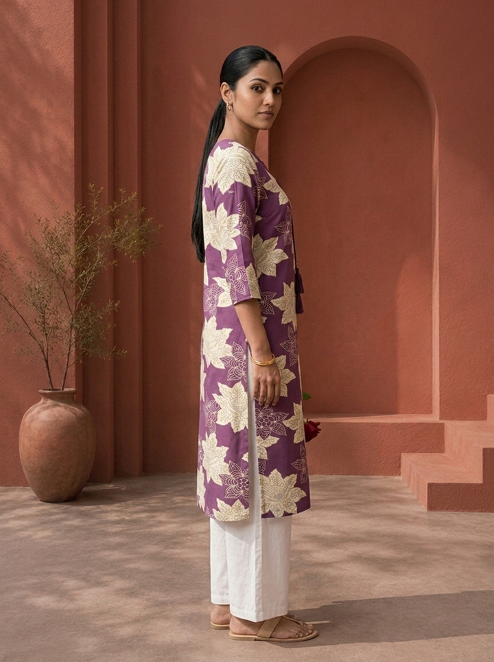 Purple Rayon Lotus Floral Printed Kurta