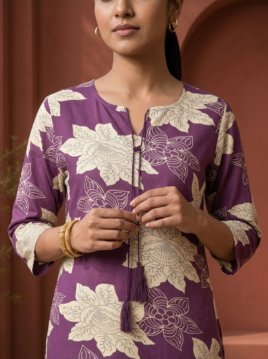 Purple Rayon Lotus Floral Printed Kurta