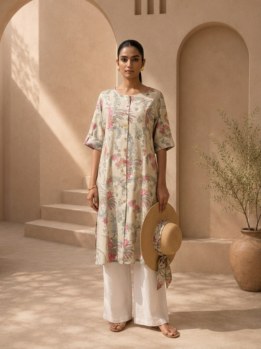 Off White Cotton Vintage Floral Printed Kurta