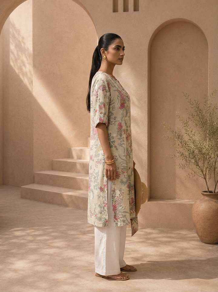 Off White Cotton Vintage Floral Printed Kurta