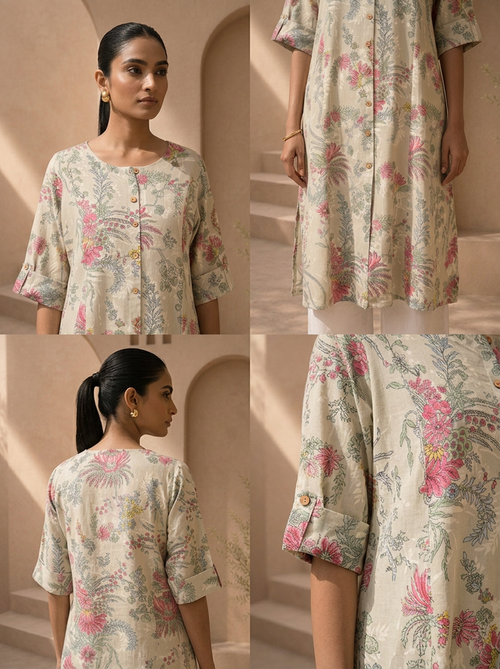Off White Cotton Vintage Floral Printed Kurta