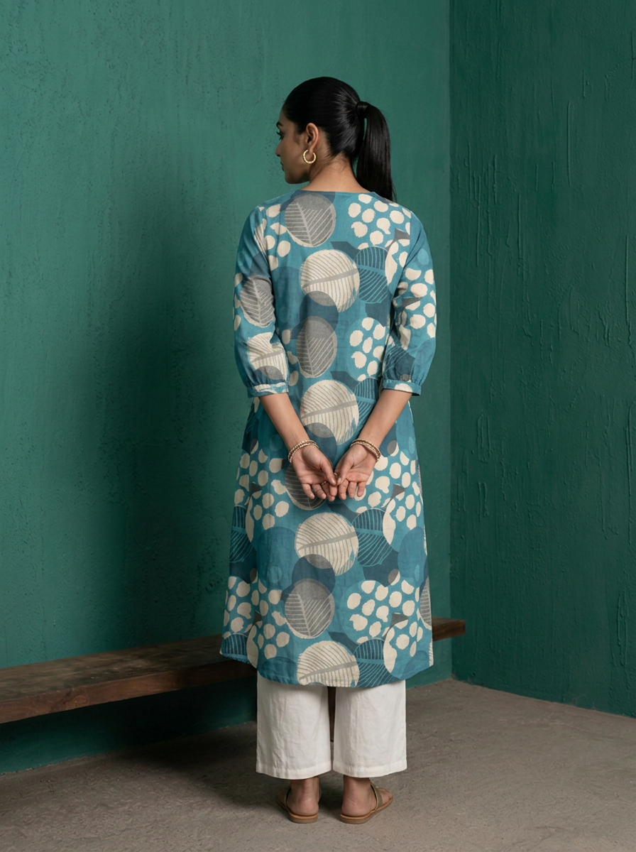 Blue Cotton Abstract Leaf Printed Kurta