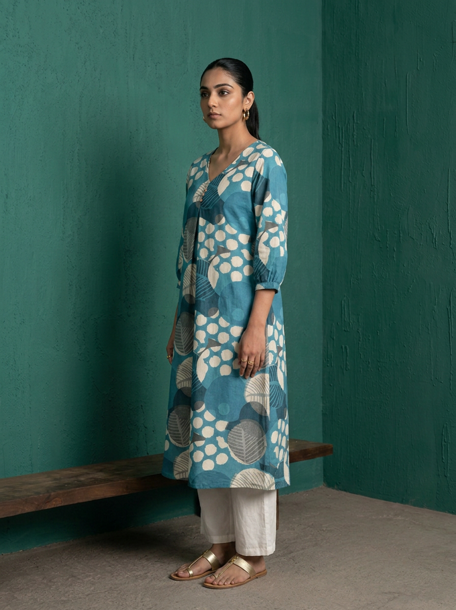 Blue Cotton Abstract Leaf Printed Kurta