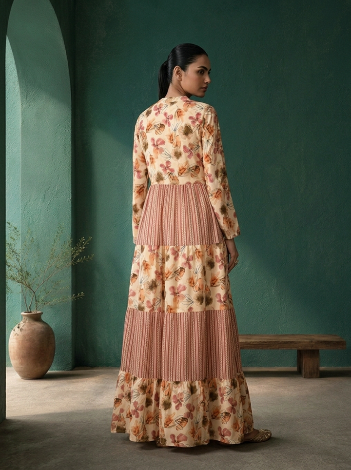 Onion Rayon Floral And Stripe Panel Printed Dress