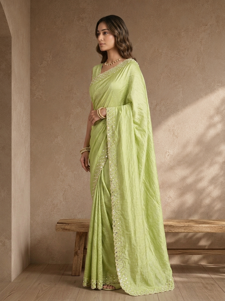 Pista Green Organza Solid Saree With Mirror And Pearl Border