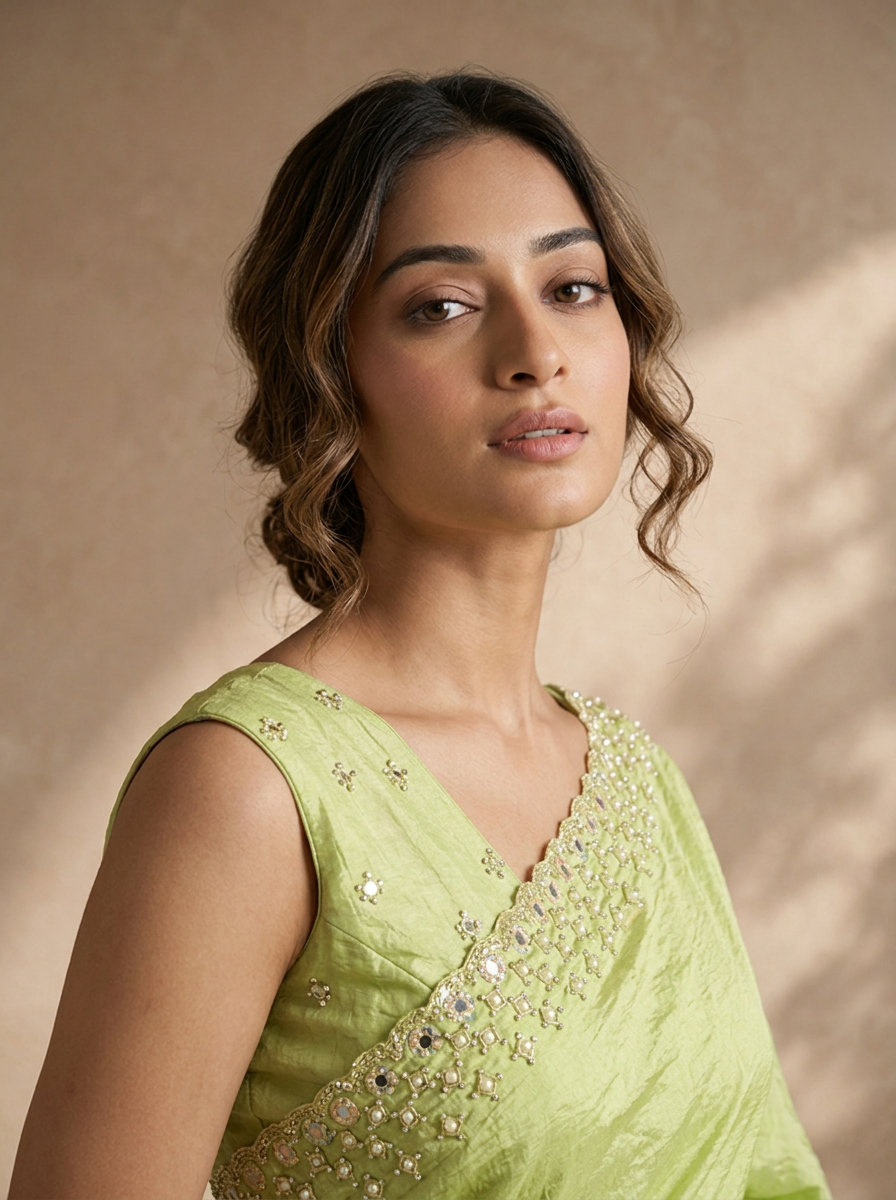 Pista Green Organza Solid Saree With Mirror And Pearl Border