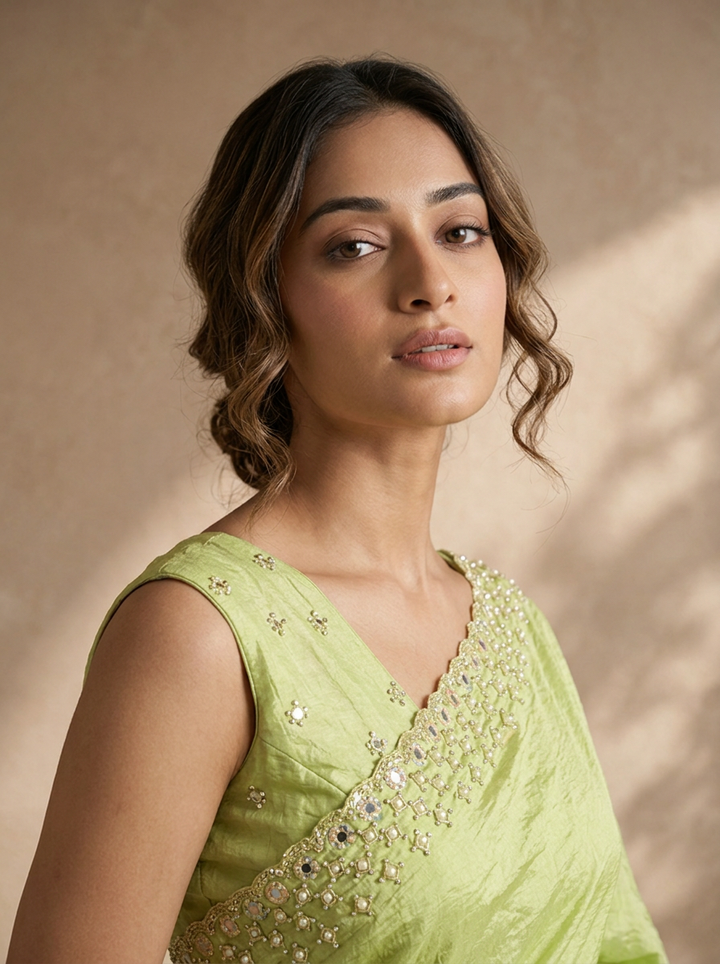Pista Green Organza Solid Saree With Mirror And Pearl Border