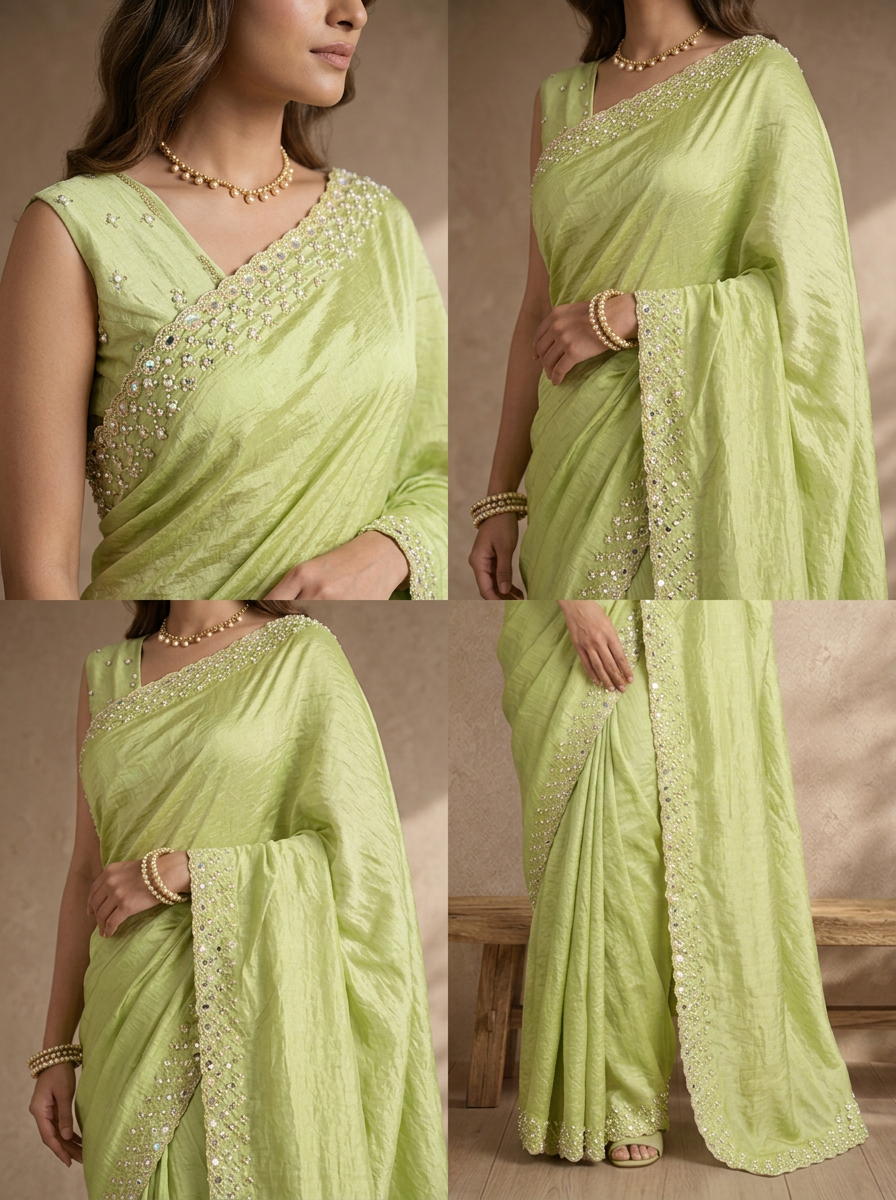 Pista Green Organza Solid Saree With Mirror And Pearl Border