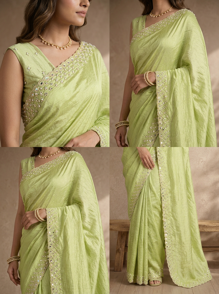 Pista Green Organza Solid Saree With Mirror And Pearl Border