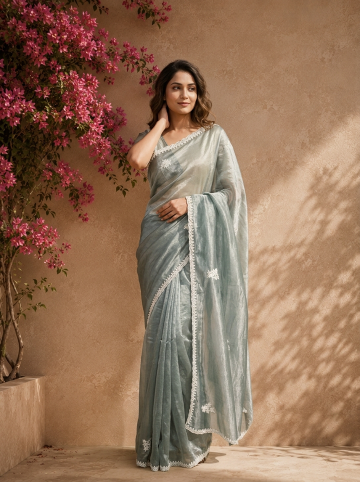 Olive Organza Floral Thread Embroidered Saree