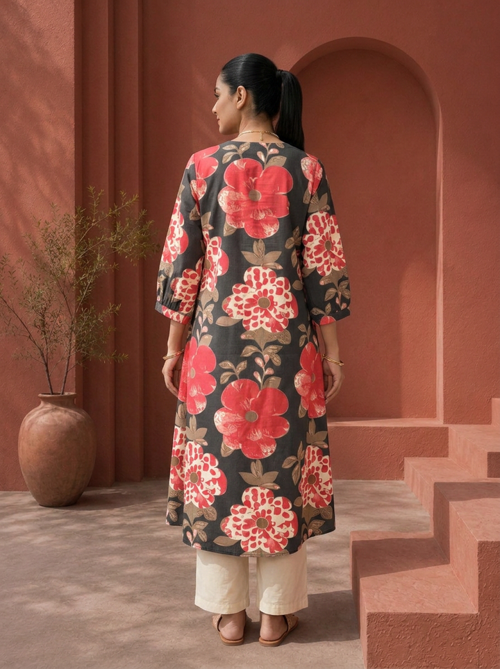 Black Cotton Bold Floral Digital Printed Kurta
