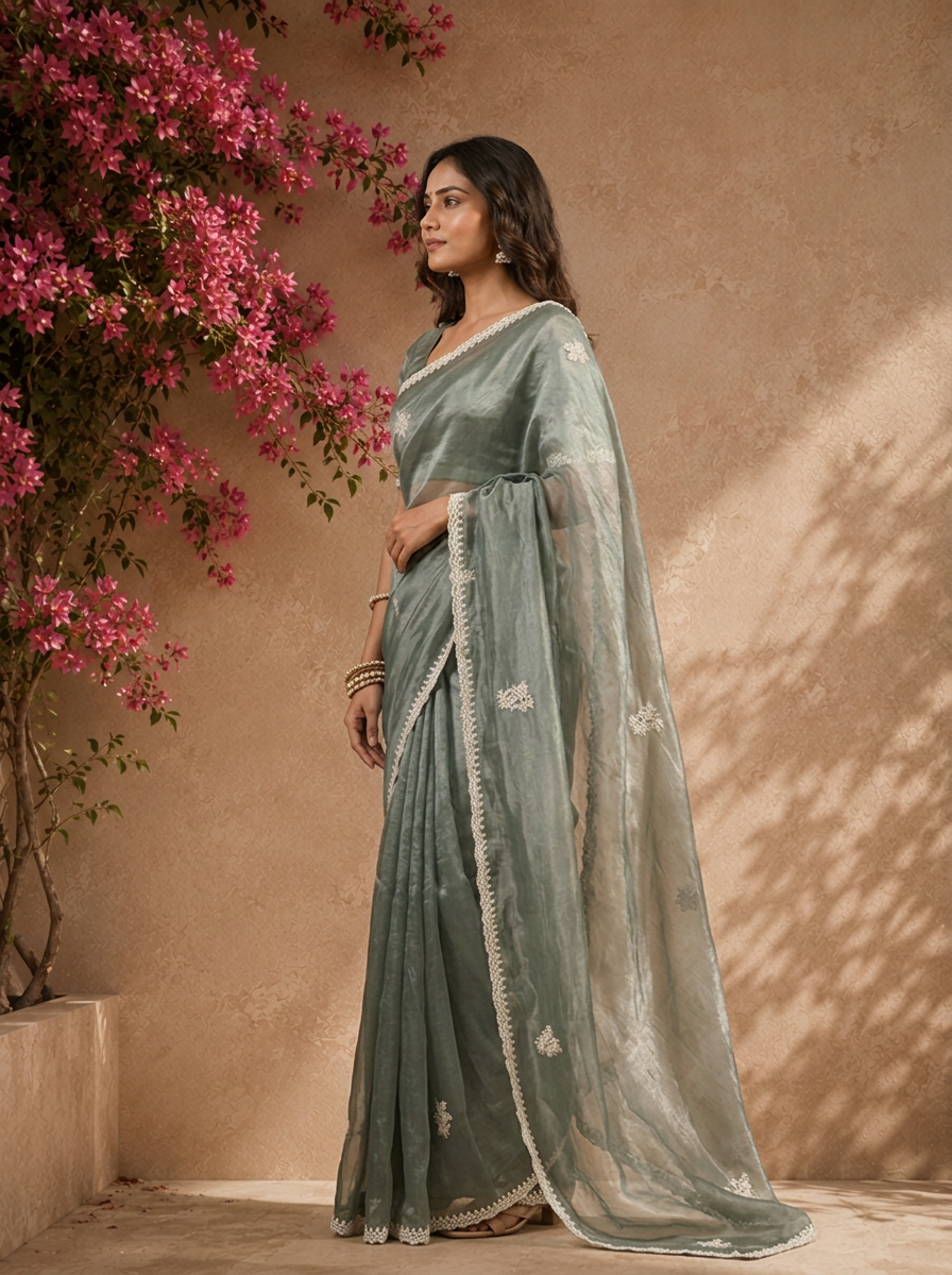 Olive Organza Floral Thread Embroidered Saree