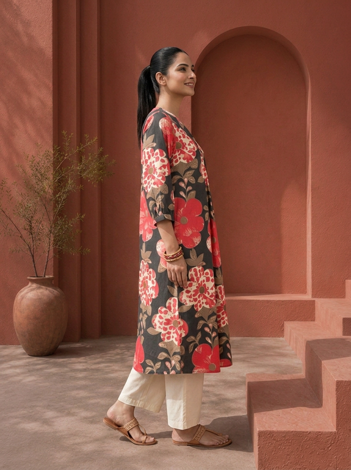 Black Cotton Bold Floral Digital Printed Kurta