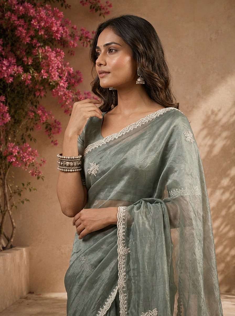 Olive Organza Floral Thread Embroidered Saree