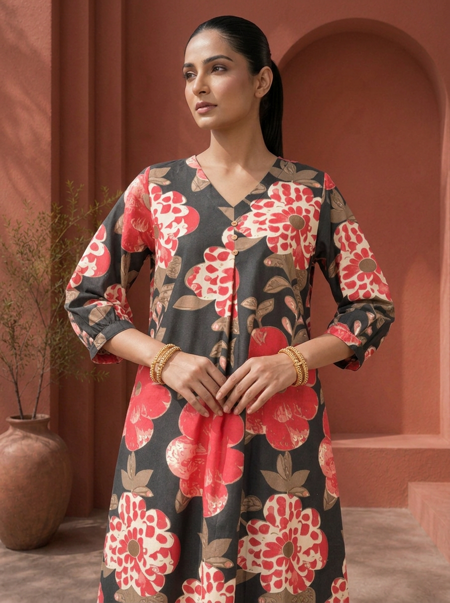 Black Cotton Bold Floral Digital Printed Kurta