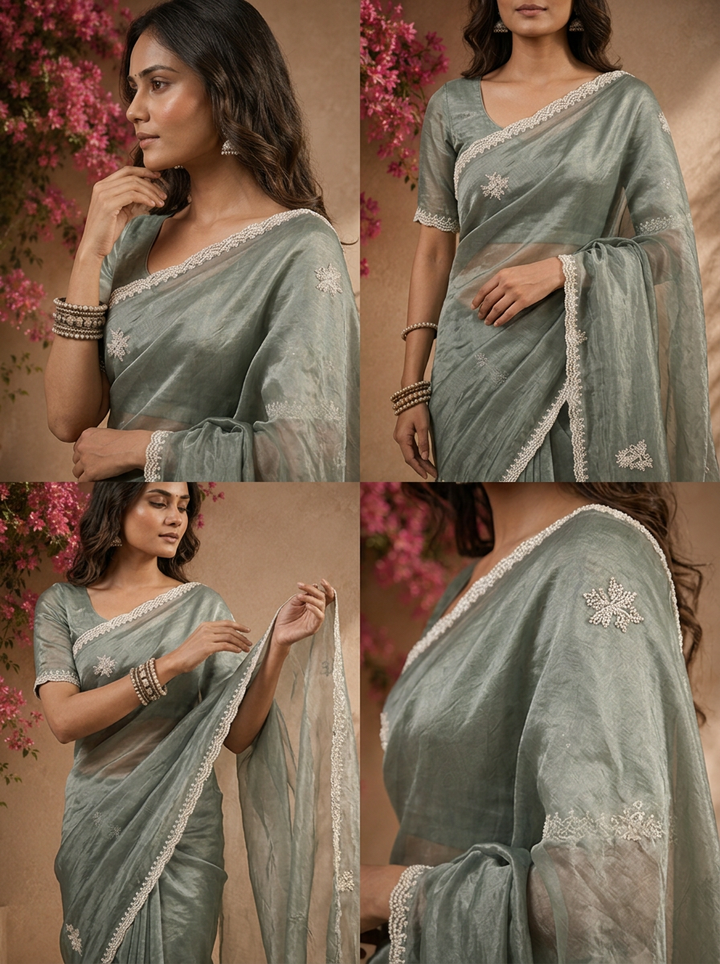 Olive Organza Floral Thread Embroidered Saree