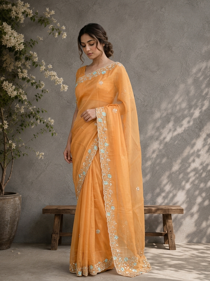 Yellow Organza Solid Saree With Floral Zari And Sequin Border