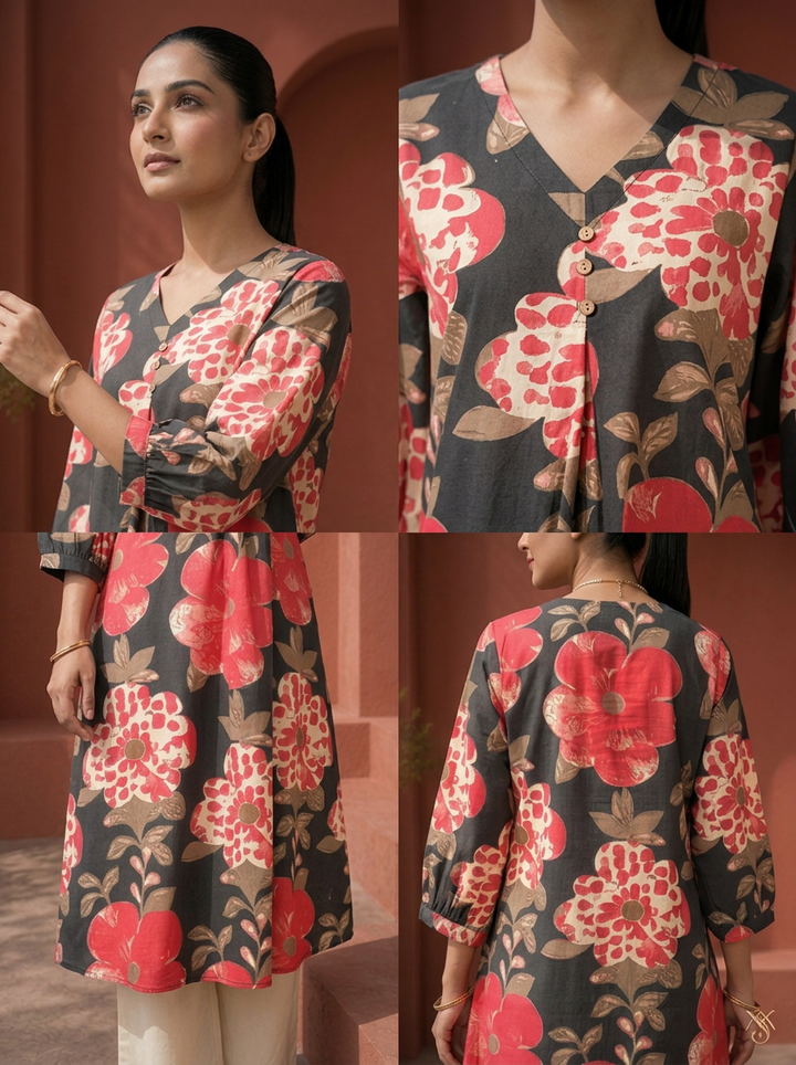 Black Cotton Bold Floral Digital Printed Kurta