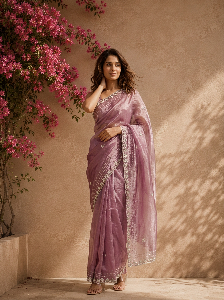 Purple Organza Solid Saree with Floral Zari Border