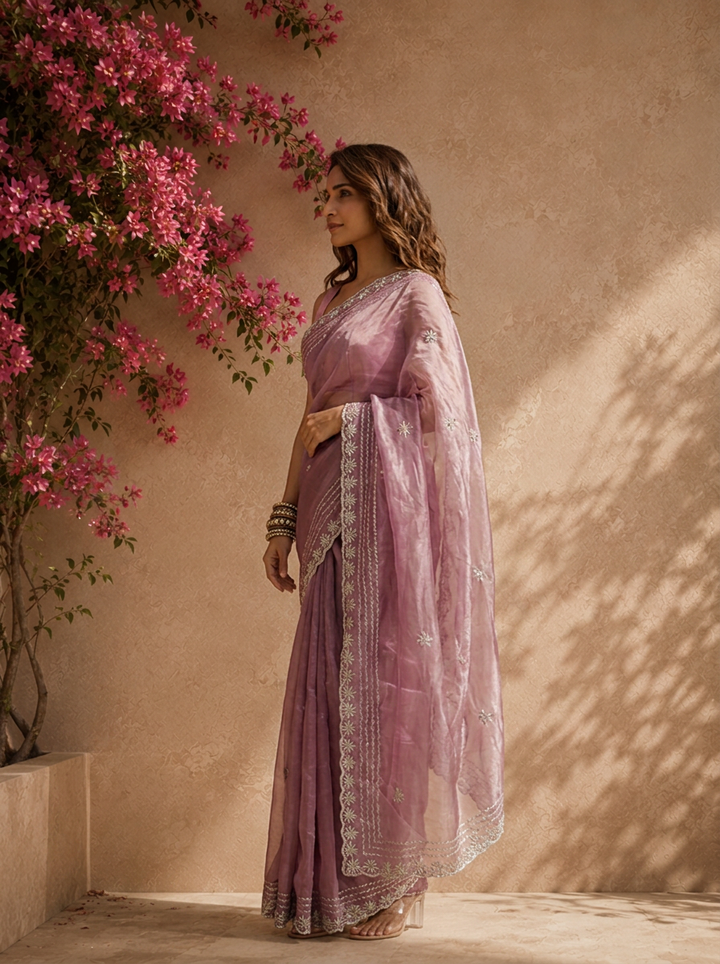 Purple Organza Solid Saree with Floral Zari Border