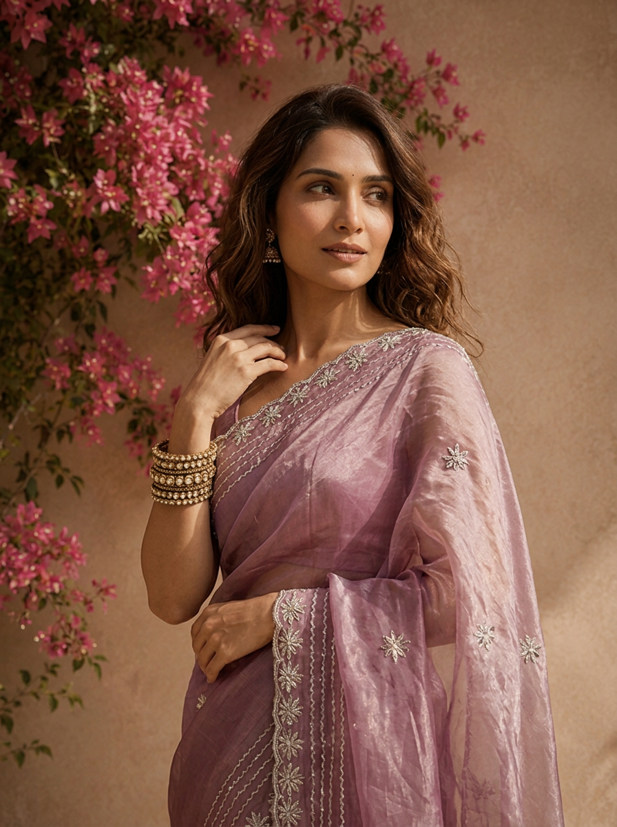 Purple Organza Solid Saree with Floral Zari Border