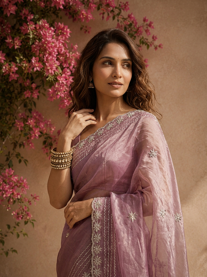 Purple Organza Solid Saree with Floral Zari Border