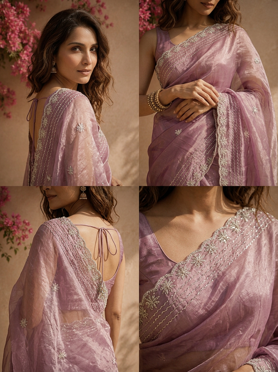 Purple Organza Solid Saree with Floral Zari Border
