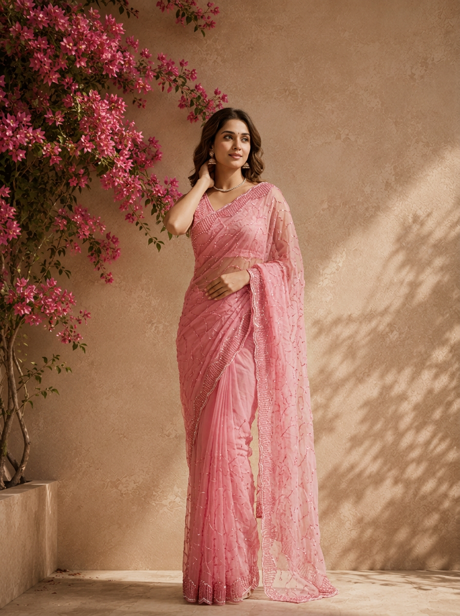 Pink Organza Embroidered Saree With Cutdana Jaal And Scallop Sequin Border