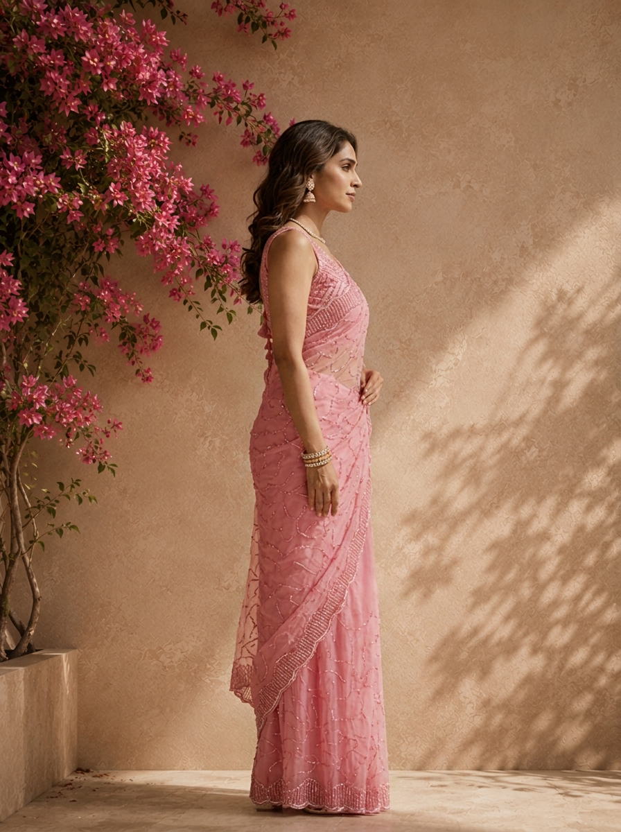 Pink Organza Embroidered Saree With Cutdana Jaal And Scallop Sequin Border