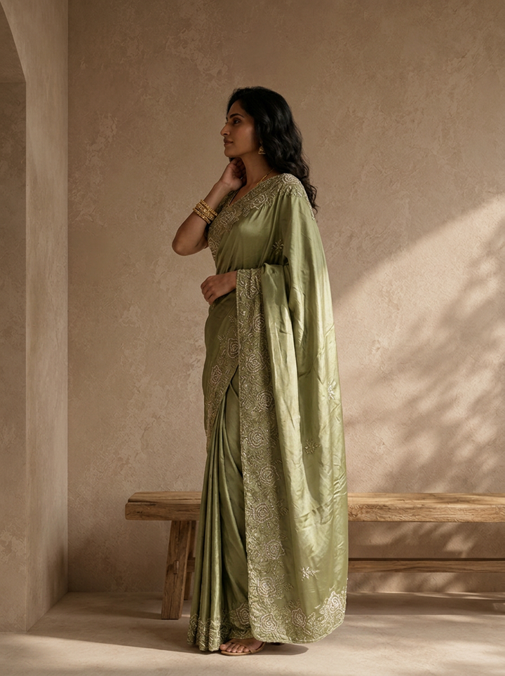 Olive Organza Saree With Rose Embroidered Border