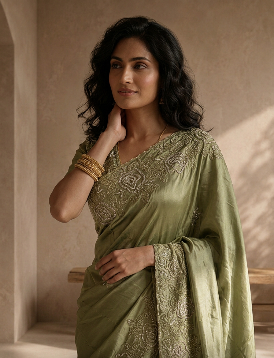 Olive Organza Saree With Rose Embroidered Border