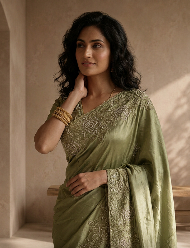 Olive Organza Saree With Rose Embroidered Border