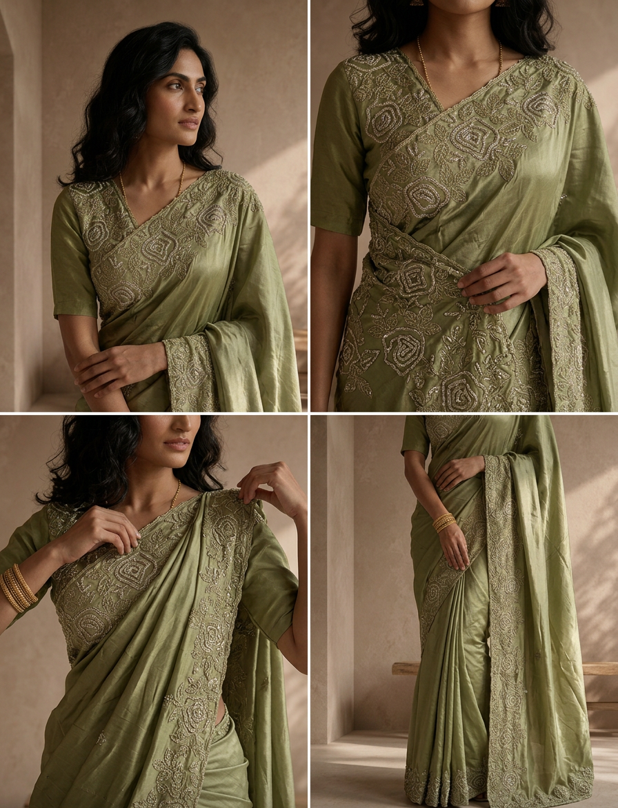 Olive Organza Saree With Rose Embroidered Border